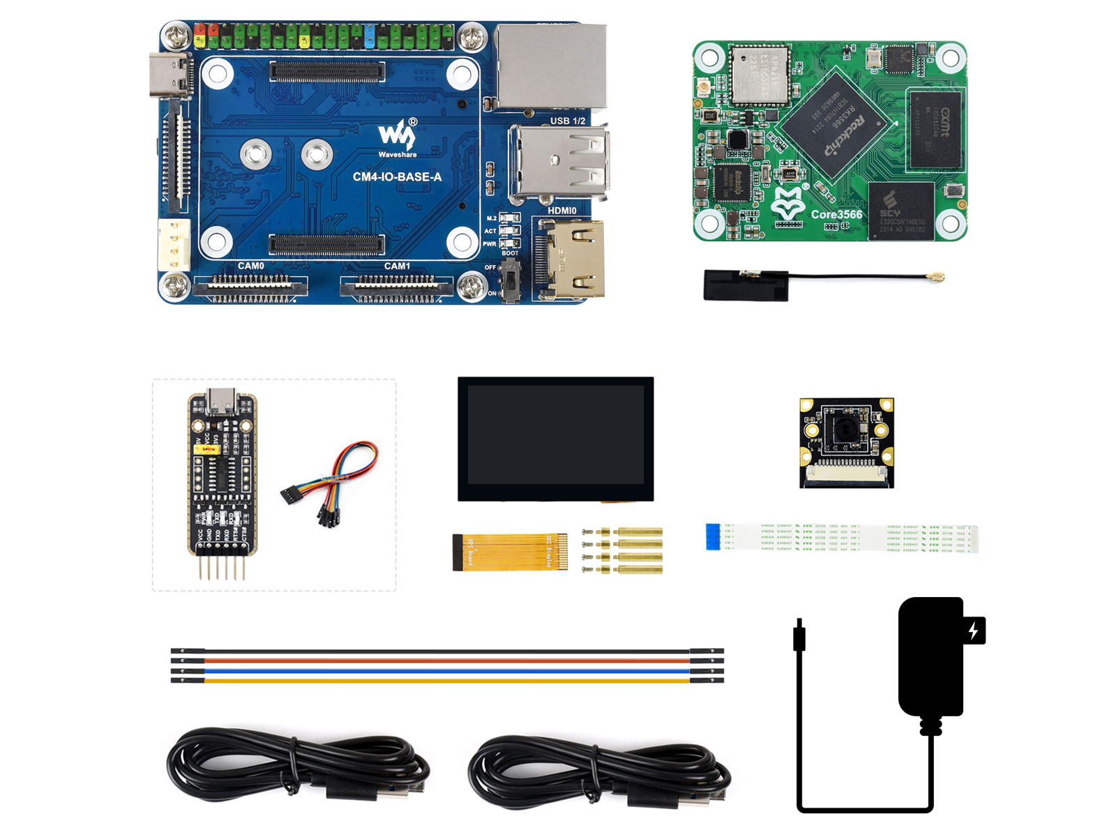 Core3566104032 Module, CM4 Base Board + 4.3inch touch Display + Camera Kit, Rockchip RK3566 Quad-core Processor, Compatible With Raspberry Pi CM4	