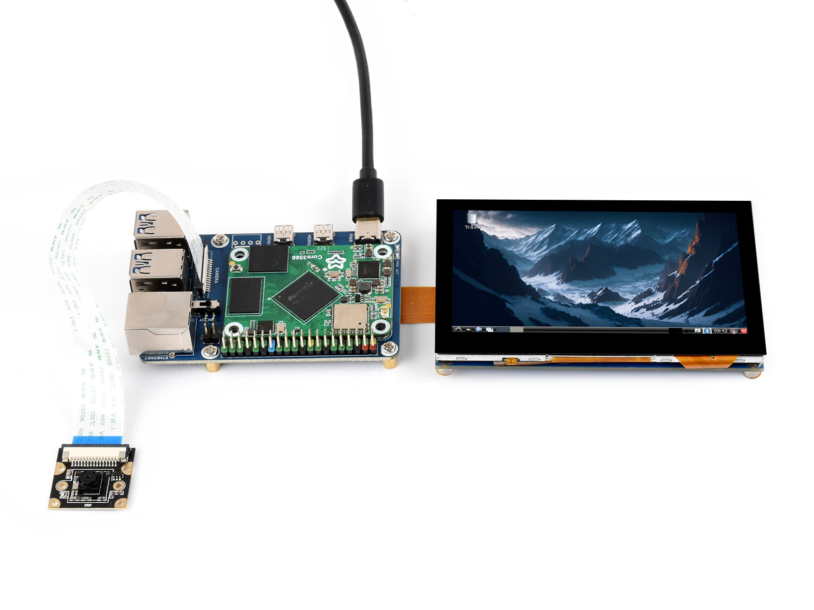 Core3566104032 Module, CM4 to Pi4B Adapter Board + 4.3inch touch Display + Camera Kit, Rockchip RK3566 Quad-core Processor, Compatible With Raspberry Pi CM4	