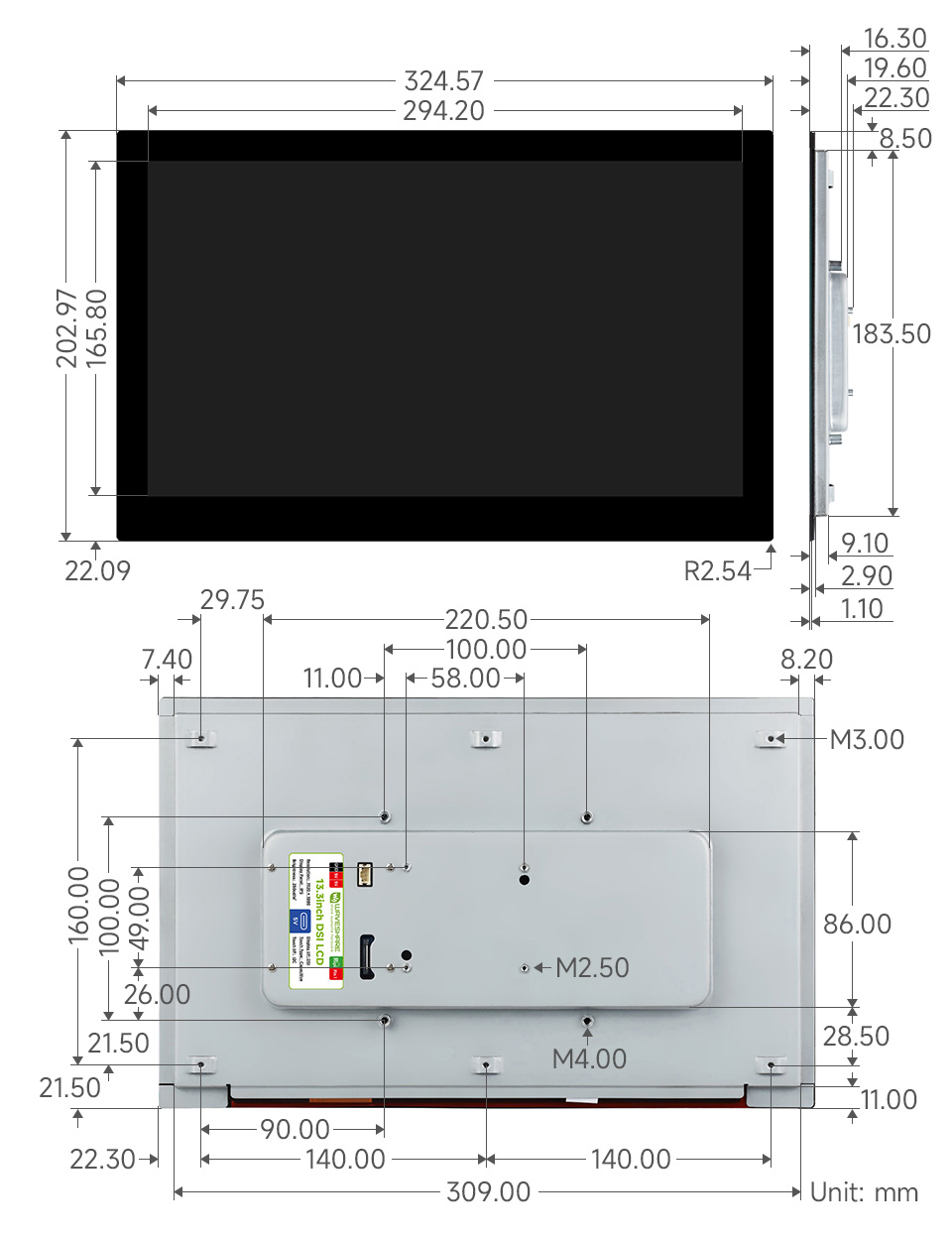 13.3inch DSI capacitive touch display, outline dimensions