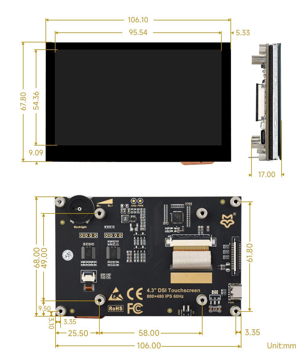4inch DSI Capacitive Touch Display, outline dimensions