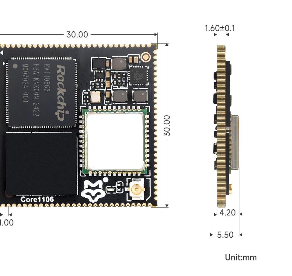 Luckfox Core1106 Core Board, outline dimensions
