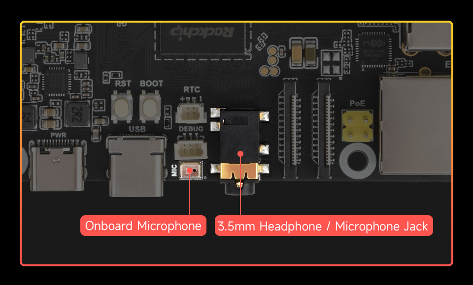 Luckfox Aura 200/400, Onboard Microphone + 3.5mm Headphone / Microphone Jack, meets a variety of audio application scenarios
