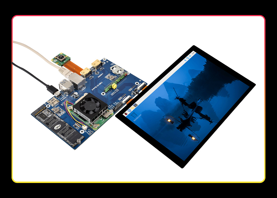 Luckfox CM5 IO Board For Compute Module 5, product show, connecting with LCD and cooling fan