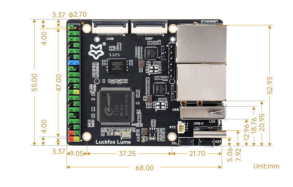 Luckfox Lume Linux Micro Development Board, outline dimensions